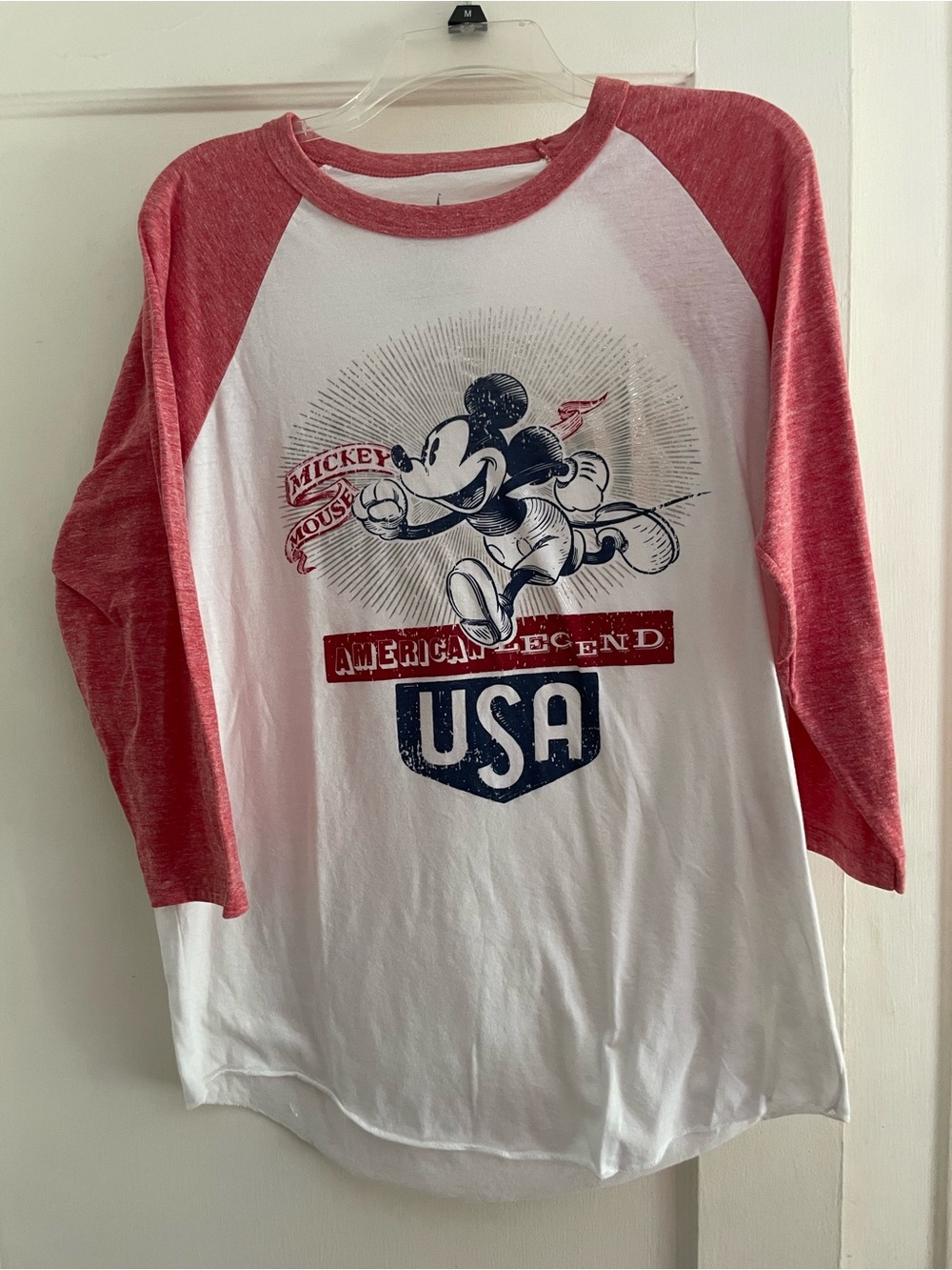 Disney Parks Women’s Mickey Mouse White and Red Raglan USA Graphic Shirt